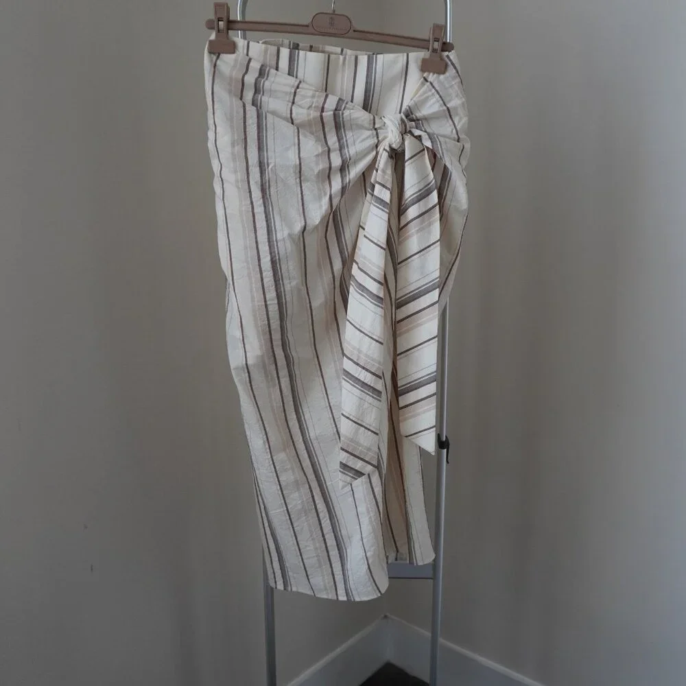 Brunello Cucinelli Sarong Skirt Cotton Beige Stripe Size 8 NewTag $1,995 - Picture 3 of 6